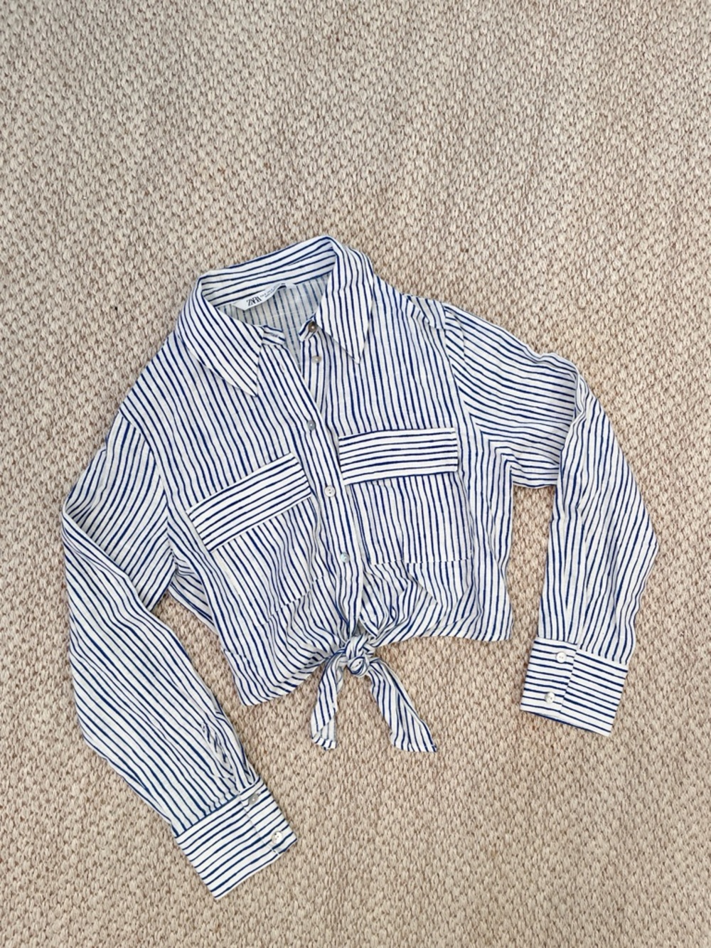 Zara blue and white womens Striped Tie-Front Button-Up Shirt - small LIKE NEW